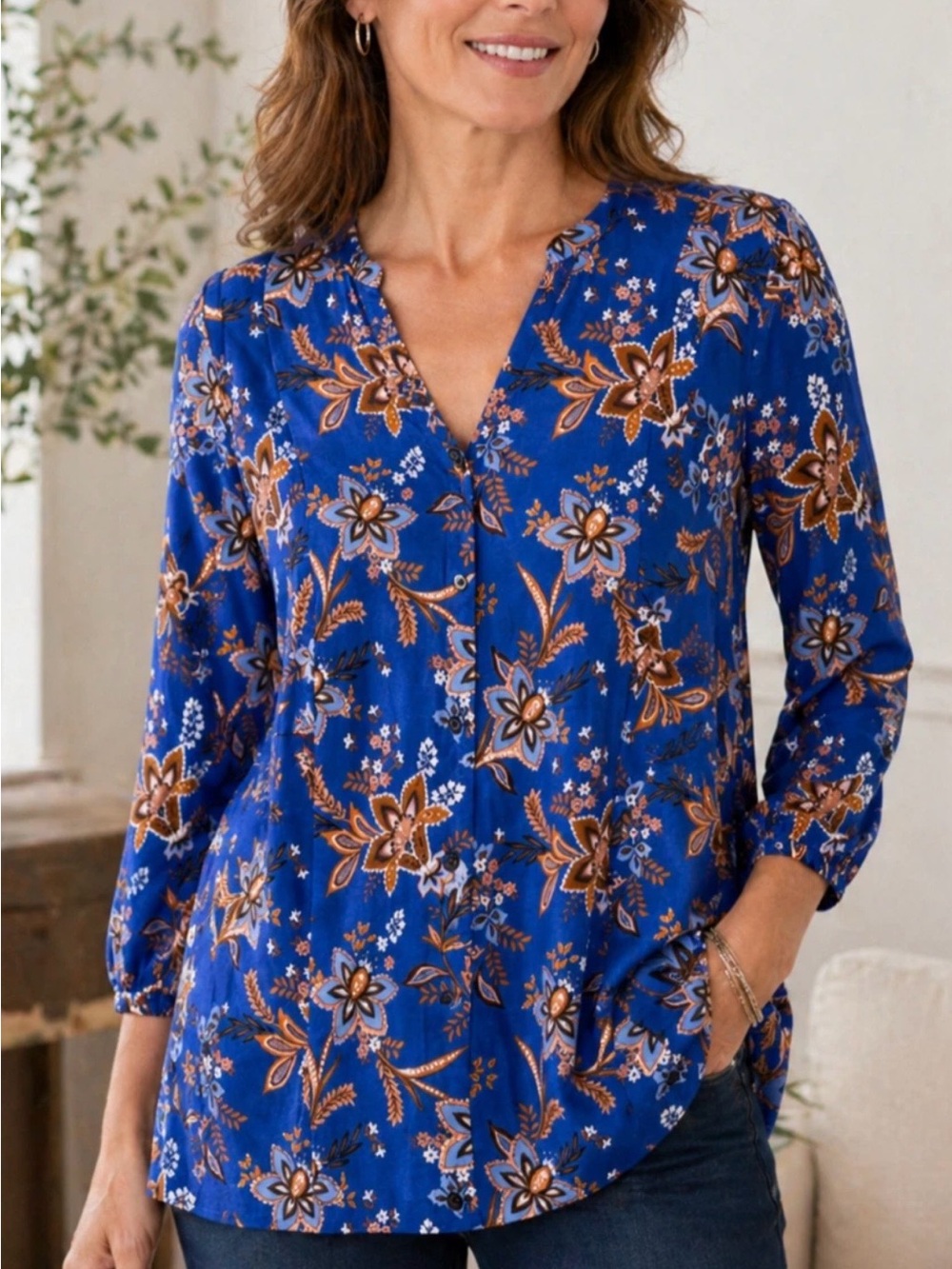 J.Jill Wearever Collection Blue Floral Tunic Top Petite Small